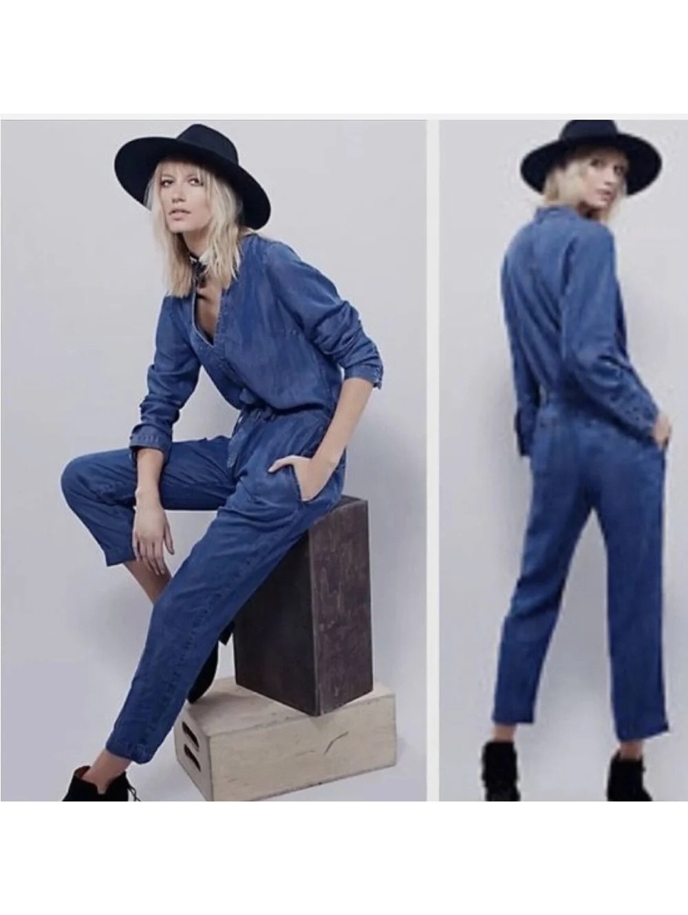 Free People Lou Denim Jumpsuit Imperial Blue Size 8 NWT Belt